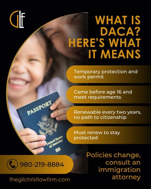 DACA ha sido un tema importante para miles de familias en los Estados Unidos. Entender de manera general qué es y qué puede significar para quienes son elegibles es un primer paso importante.
Para orientación específica sobre su situación, comuníquese directamente con nuestra oficina.
📍 5244 N. Sharon Amity Rd., Suite A, Charlotte, NC 28215
📞 980-219-8884
📩 jamesg@thegilchristlawfirm.com
🌐 thegilchristlawfirm.com/contact
The Gilchrist Law Firm | Charlotte, NC.
Abogado responsable del contenido: James Gilchrist.
Esta información es únicamente con fines informativos y no constituye asesoría legal.
-
DACA has been an important topic for thousands of families in the United States. Understanding what it is and what it may generally mean for those who are eligible is an important first step.
For guidance specific to your case, contact our office directly.
📍 5244 N. Sharon Amity Rd., Suite A, Charlotte, NC 28215
📞 980-219-8884
📩 jamesg@thegilchristlawfirm.com
🌐 thegilchristlawfirm.com/contact
The Gilchrist Law Firm | Charlotte, NC.
Attorney Responsible for Content: James Gilchrist.
This is for informational purposes only and not legal advice.